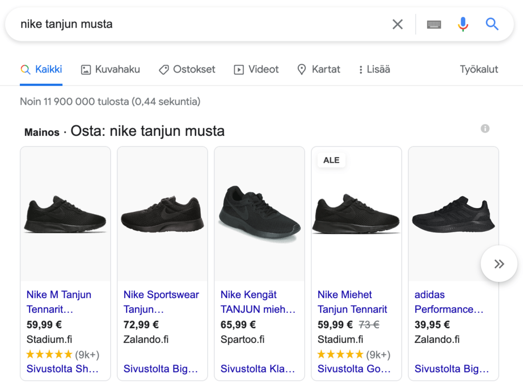 Google Shopping -mainokset tietokone-näkymässä